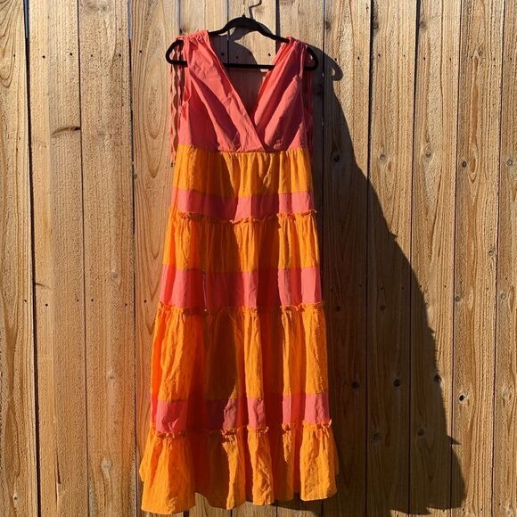 Take 50% OFF- LDT Women’s V-neck Maxi Orange and Pink Color Block Dress, Size-8 - Picture 3 of 13